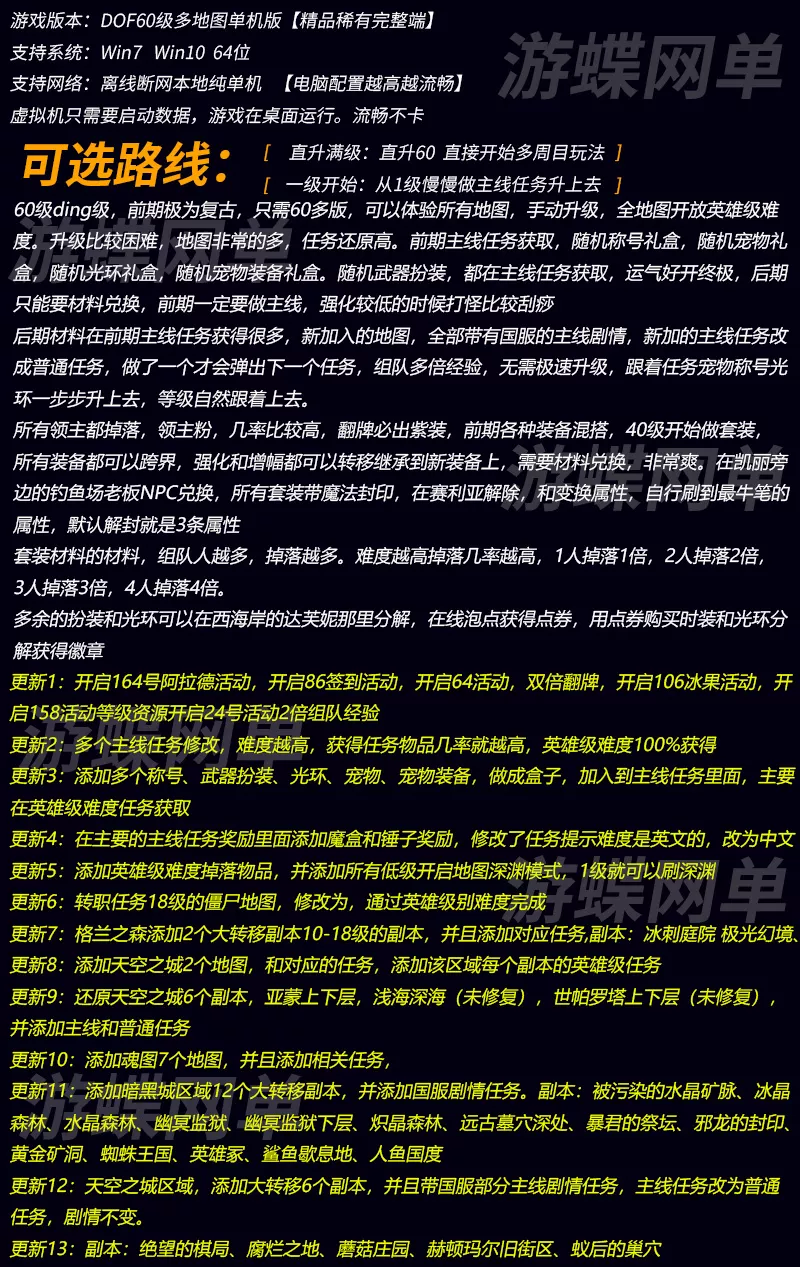 【网游单机】游蝶DOF单机版60级高难度低级深渊多地图副本大转移前后剧情任务